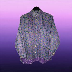 Vintage 1980s Centerfield Leaf Pattern Purple Button Down Shirt, Medium